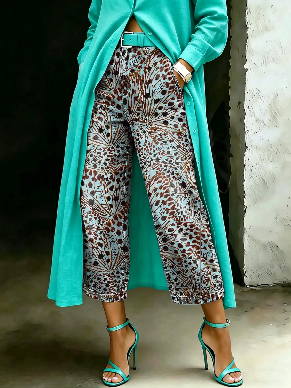 Women's Vintage Spot Floral Art Casual Wide Denim Pants