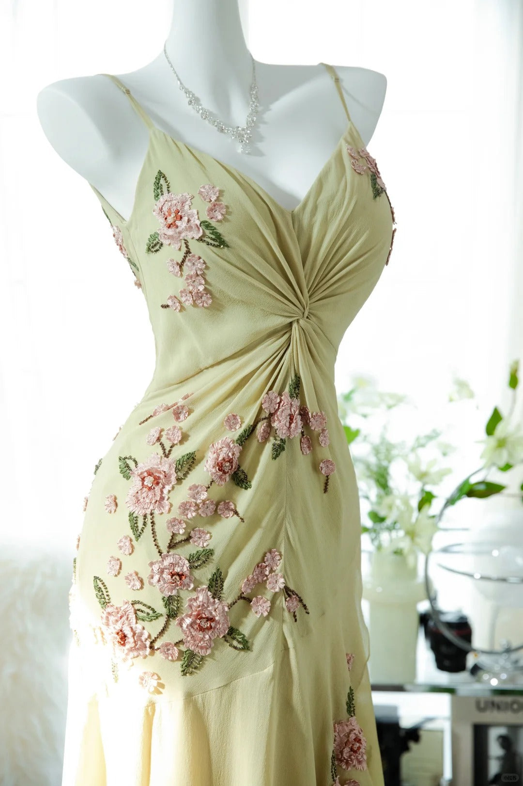 Yellow Elegant Romantic Delicate Pink Floral Beading Spaetti Straps Midi/Short Chiffon Homecoming Ball Gown Evening Dress Birthday/Wedding Guest/Holiday Party Dress Prom Dress 4023