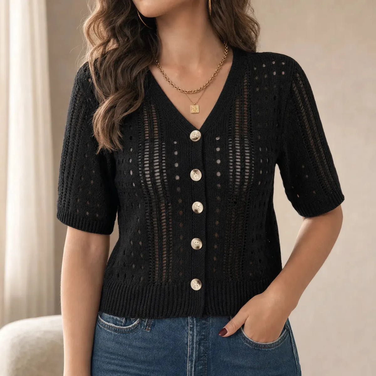 Lianora – Short Sleeve Open Knit Button Cardigan for Women