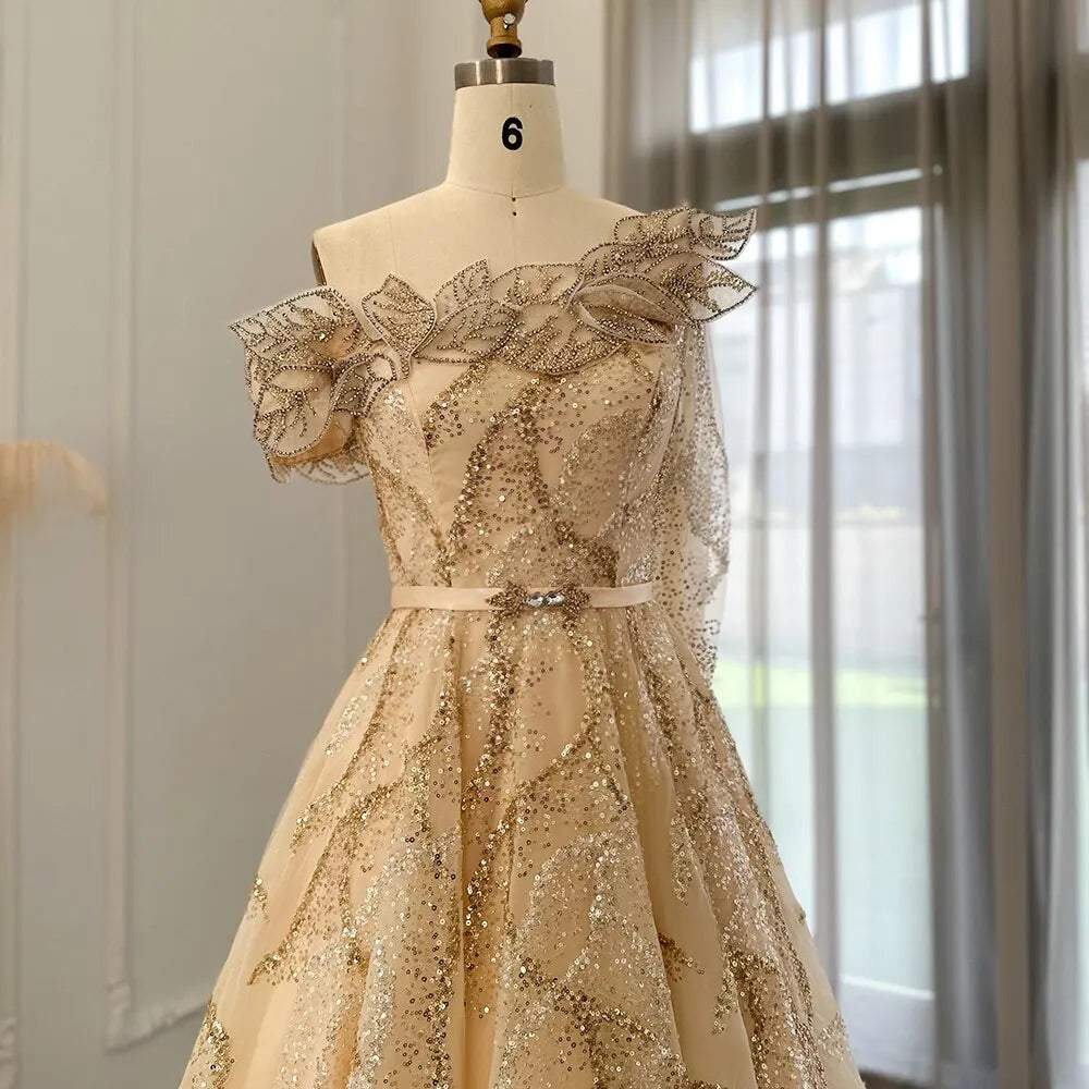 Dreamy Vow Luxury Dubai Ball Gown Gold Evening Dresses for Women Wedding 2023 Elegant One Shoulder Prom Formal Party Gown 359