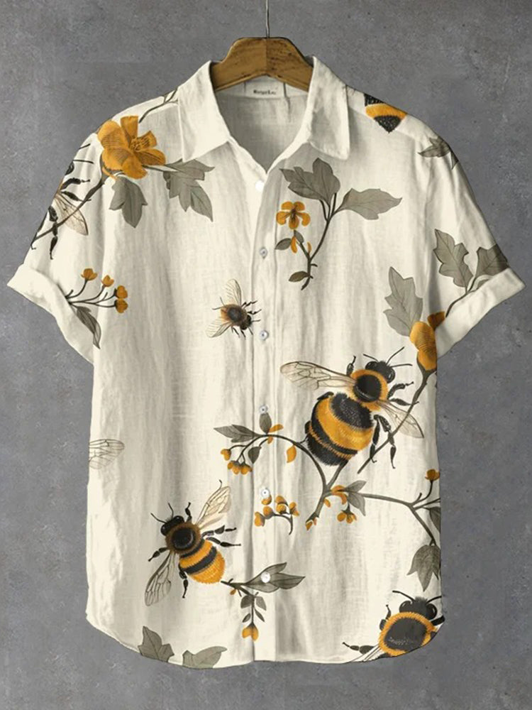 Men's Retro Floral With Bee Print Casual Linen Shirt