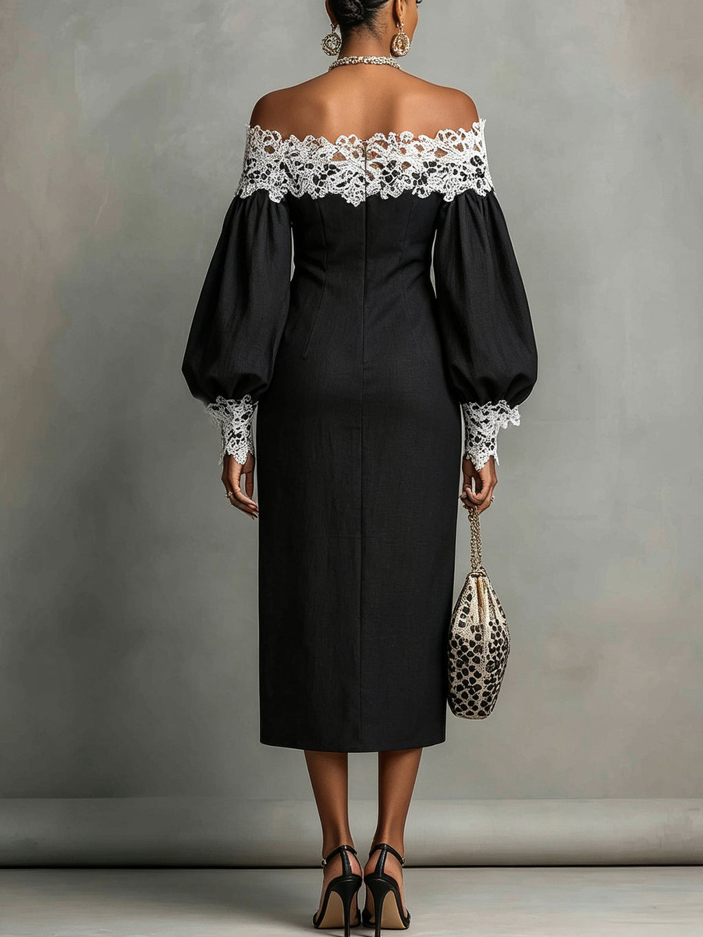 Off-Shoulder Black Lace Trim Midi Dress
