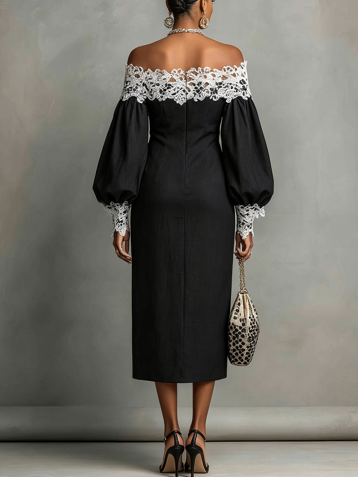 Off-Shoulder Black Lace Trim Midi Dress