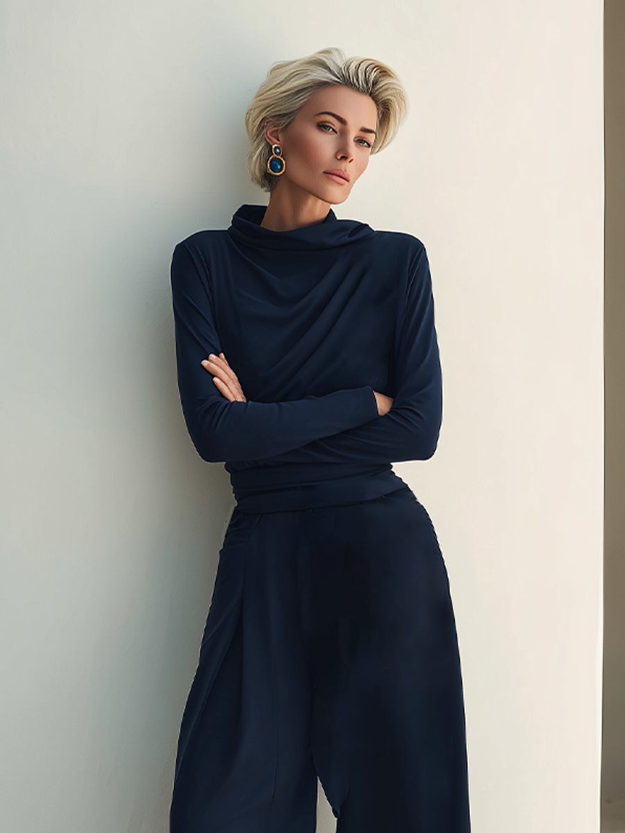 Women's Navy Stretch Jersey Two Piece Matching Set With Draped Cowl Neck Wrap Waist Top & High Waist Wide Leg Trousers, Minimalist Elegant Smart Casual Co-Ord Outfit MDZ2249G3LYL