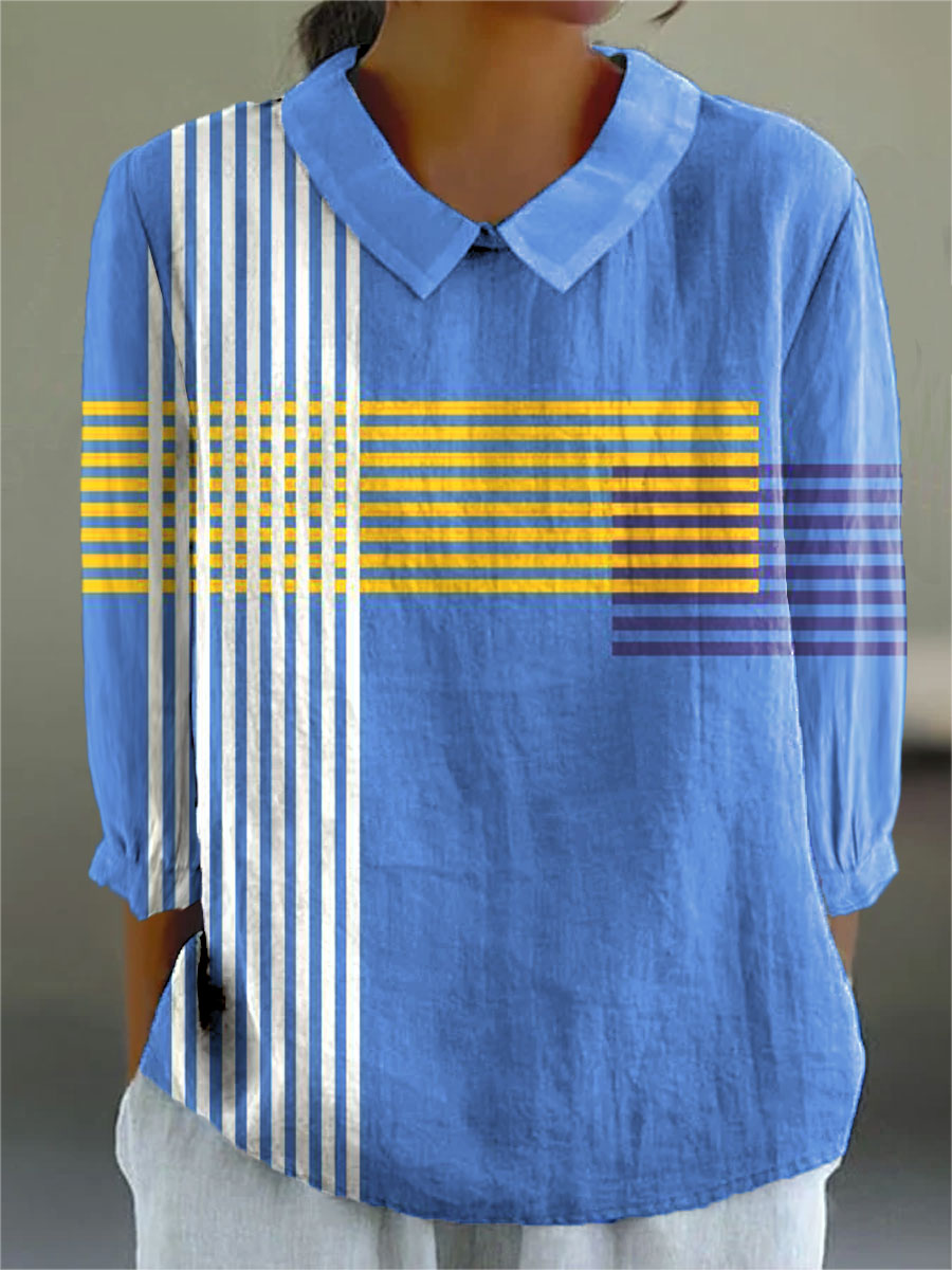 Women's Colorful Abstract Geometric Stripes Art Print Casual Cotton And Linen 3/4 Sleeve Shirt