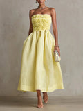 24-Hour-Shipping Yellow Strapless Floral Applique Midi Dress