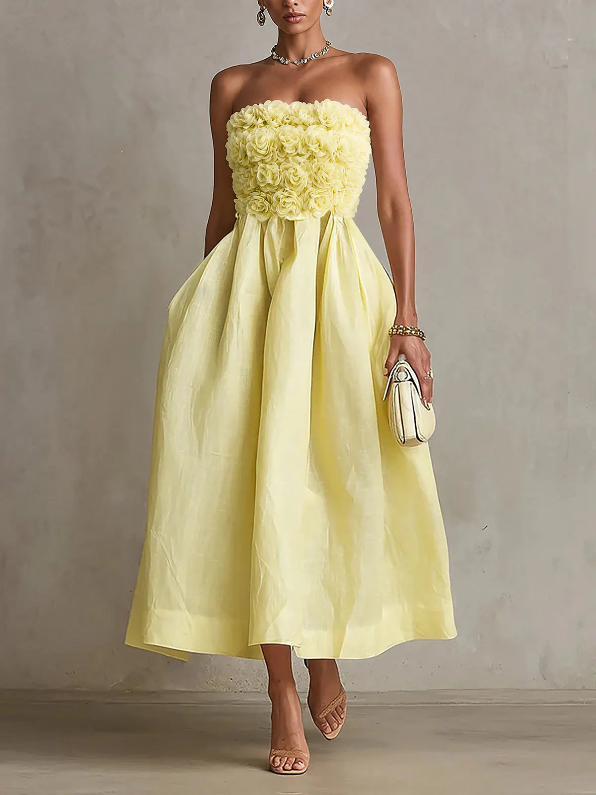 24-Hour-Shipping Yellow Strapless Floral Applique Midi Dress
