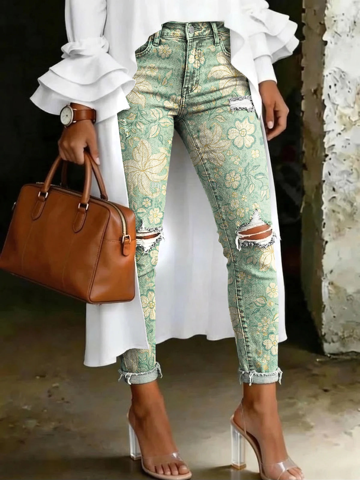 Women's Fashion Fresh Floral High-waisted Skinny Ripped Casual Jeans With Artistic Print