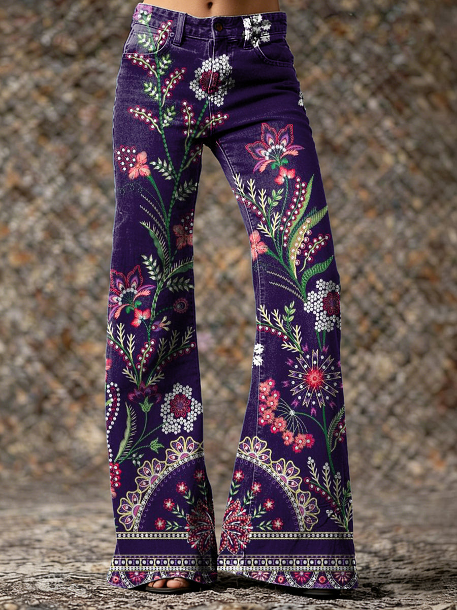 Women's Vintage Ethnic Purple Floral Art Prints Casual  Flared Pants