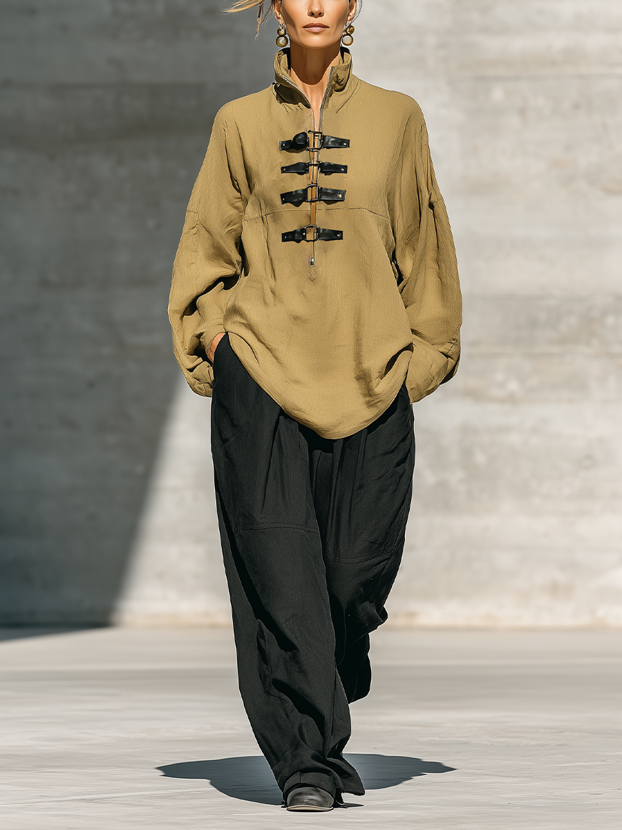 Women's Khaki Cotton-Linen Blend Stand Collar Half Zip Leather Buckle Strap Long Sleeve Loose Top Black Relaxed Wide Leg Pocket Pants Two Piece Set MDZ2775G5YZJ