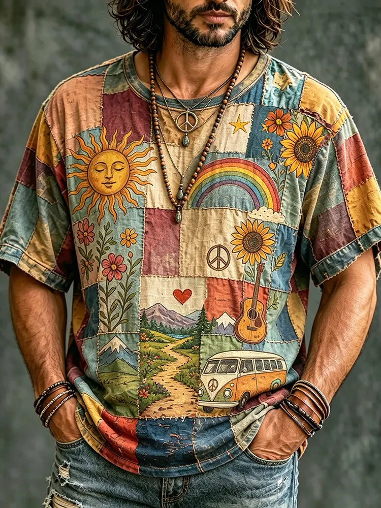 Men's Hippie Music With Scenery Patchwork Pattern Print T-shirt