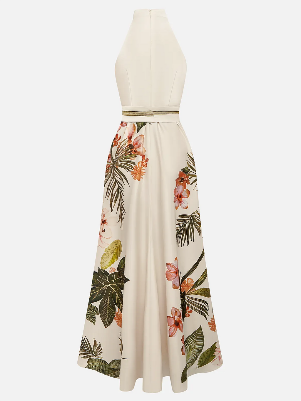Beige Bow Satin Halter Floral Sleeveless A-Line Maxi Dress