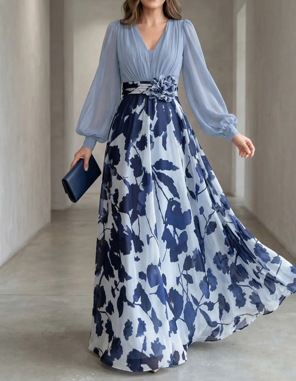 Blue-Grey Chiffon Printed V-Neck Fitted Waist Maxi Dress