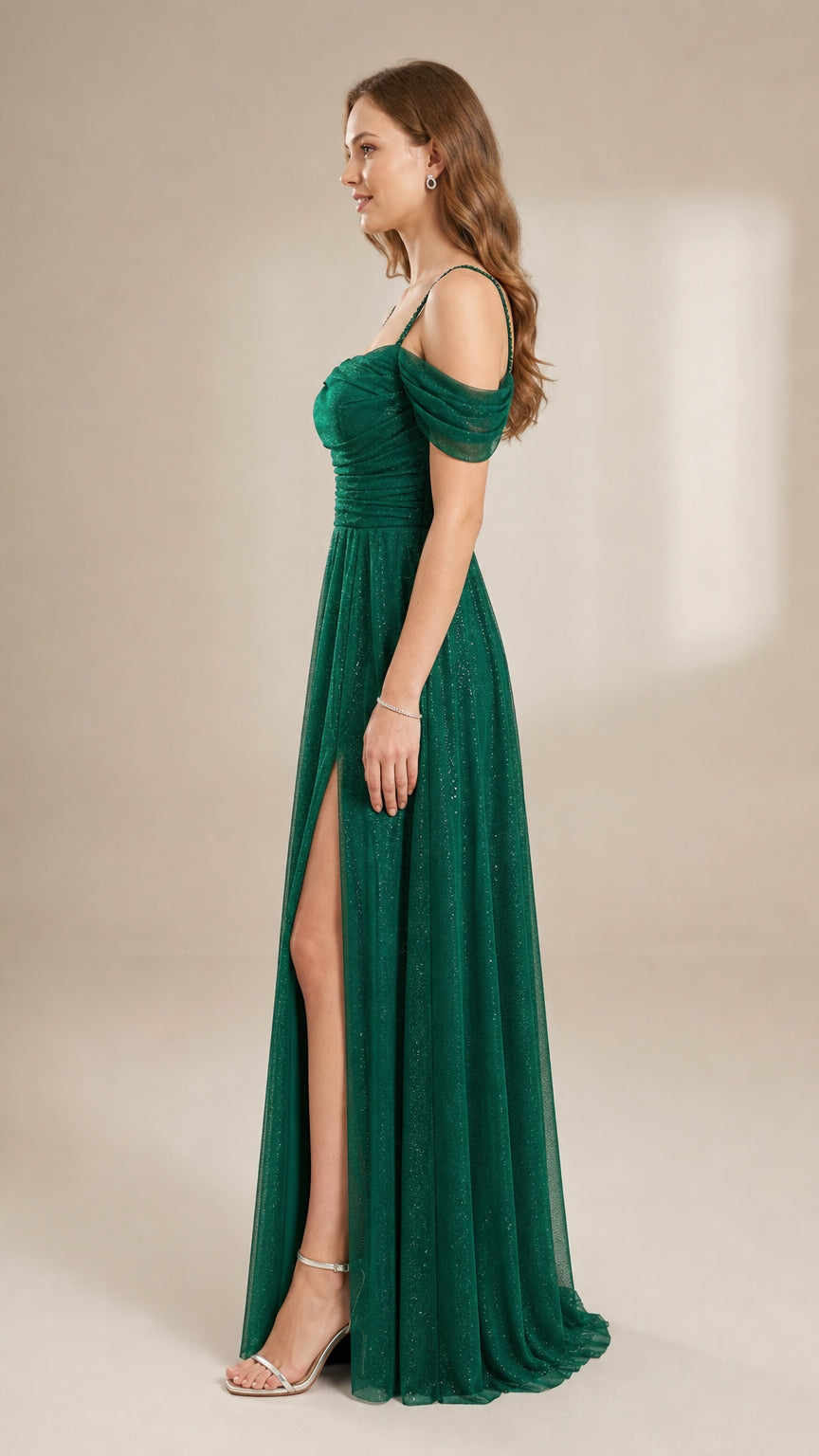 Glitter Mesh Off-the-Shoulder Evening Gown with Beaded Straps and Thigh Slit