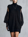 Turtleneck Cold Shoulder Ribbed Knit Mini Dress With Sheer Lace Sleeves