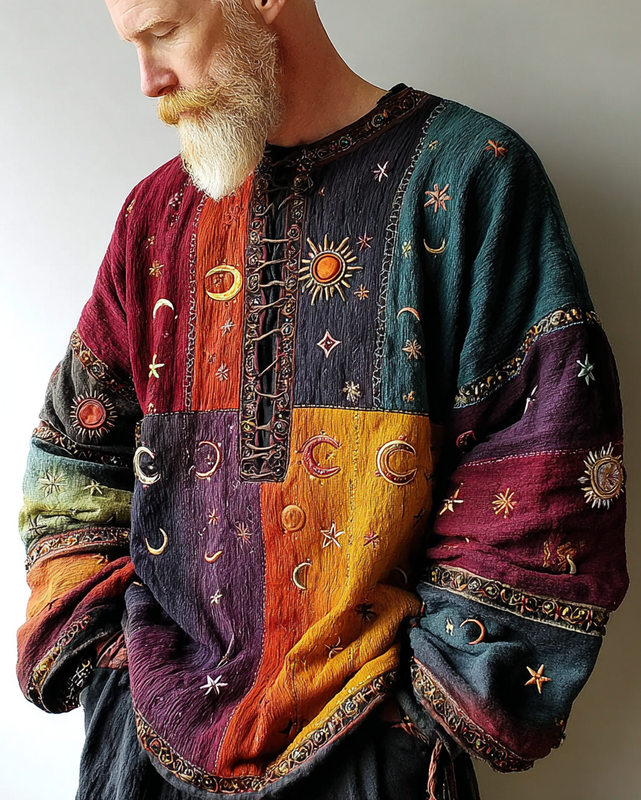 Men's star and moon embroidered contrast color stitching long sleeve top ba60