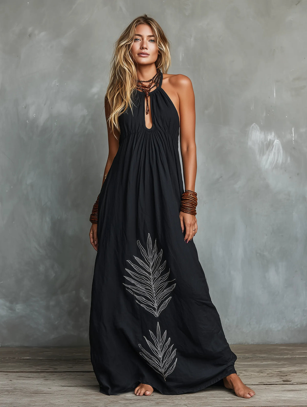 Women's Casual Black Cotton And Linen Halter Neck Sleeveless Loose Long Dress With Embroidered Hem MDZ0204C2AN