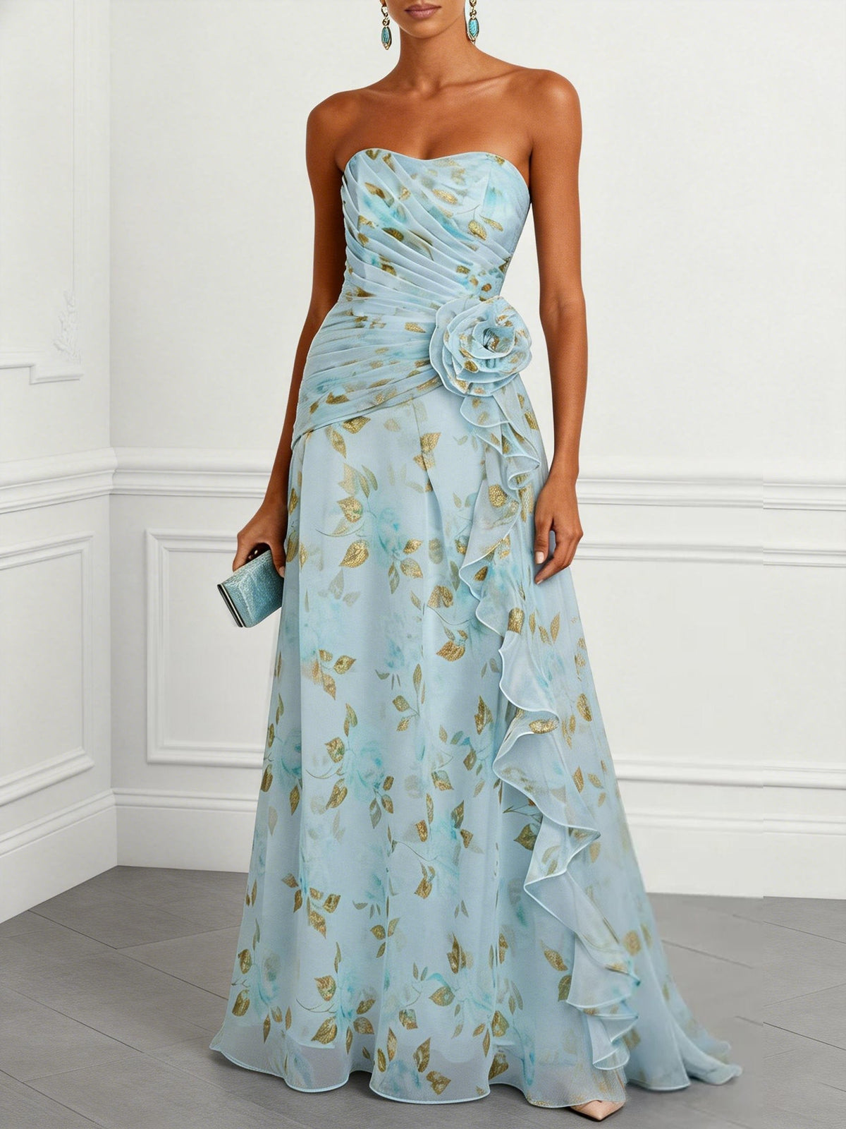 Light Blue Floral 3D Floral Tulle Strapless Sleeveless A-Line Floor-length Gown Dress