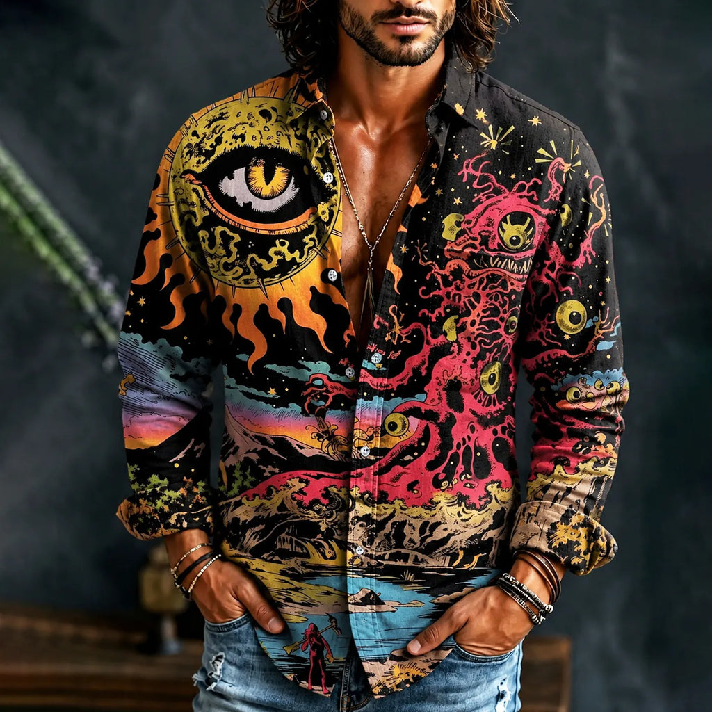 Men's Hippie Vintage Evil Cthulhu Eyes Print Long Sleeve Linen Shirt