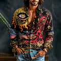 Men's Hippie Vintage Evil Cthulhu Eyes Print Long Sleeve Linen Shirt