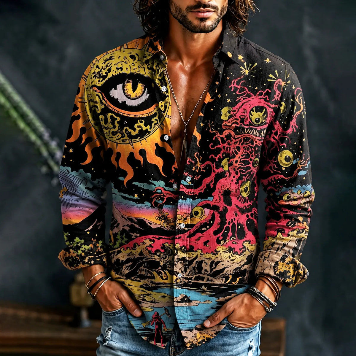 Men's Hippie Vintage Evil Cthulhu Eyes Print Long Sleeve Linen Shirt