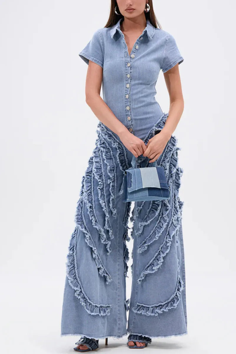 Women's Fitted Short-Sleeve Denim Jumpsuit with Tiered Ruffles