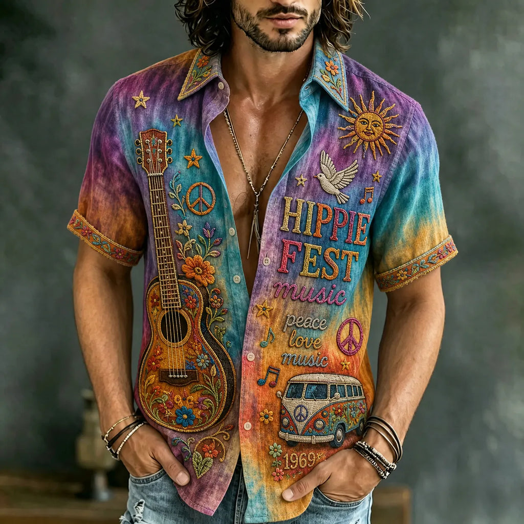 Men's Retro Bohemian Hippie Style Floral  Print Short-sleeve Shirt