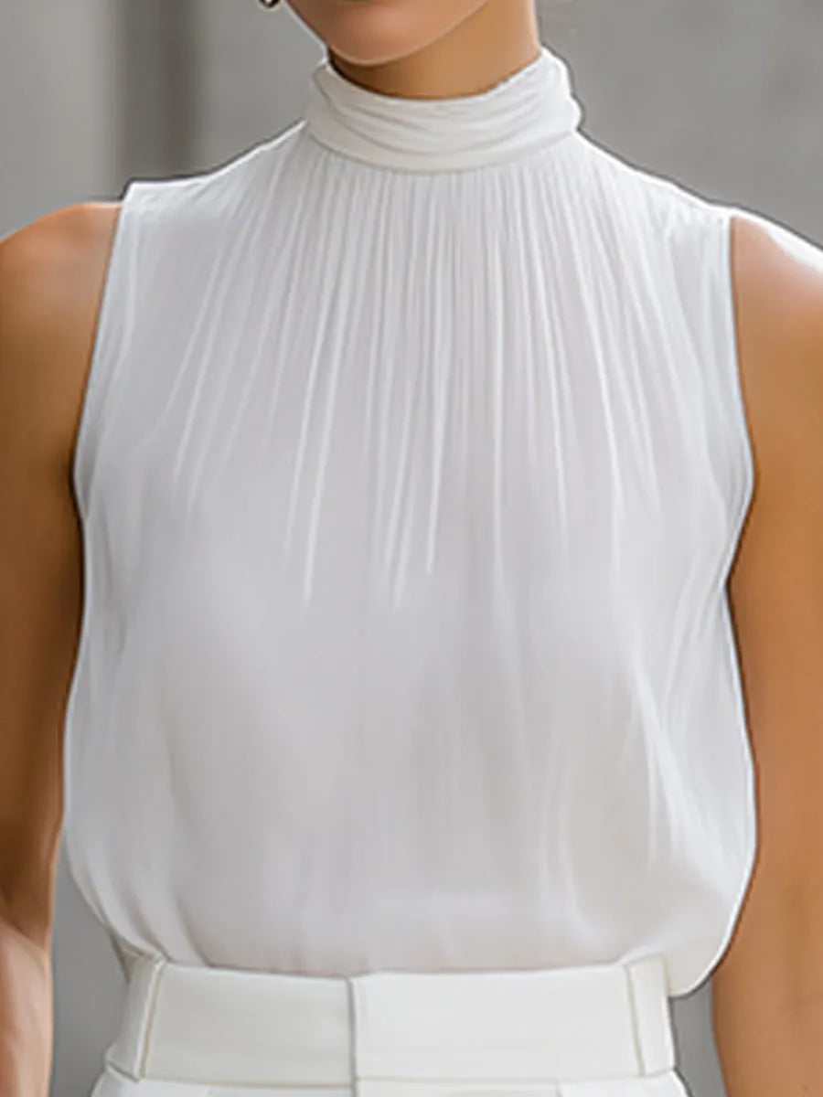 Pleated High-Neck Sleeveless Top With Tailored Straight-Leg Trousers Set