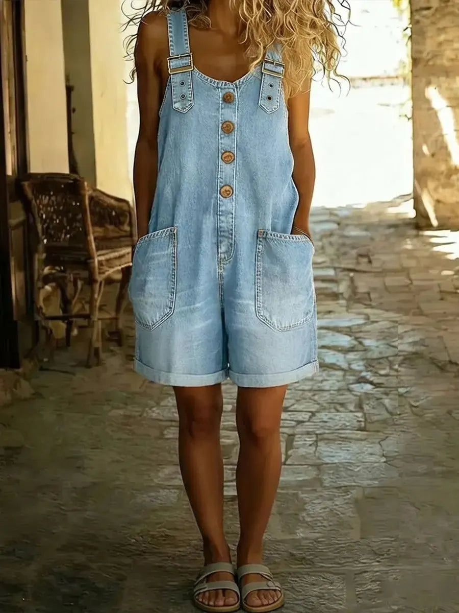 Women's Y2K Denim Shortalls Button Front Wide Leg Loose Bib Jean Overalls Shorts Romper Jumpsuits Vintage