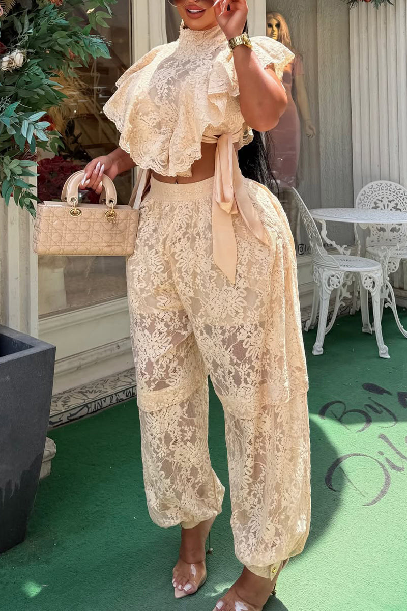 Women Standing Collar Irregular Lace Patterned Top or Lantern Patterned Pants