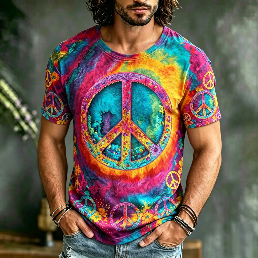 Men's Hippie Tie-dye Style Peace Symbol Floral Print Casual T-shirt