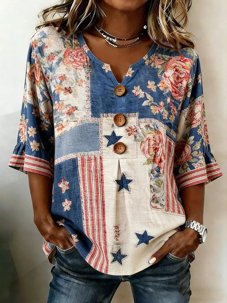 Women's Independence Day Flag Floral Print Short-sleeve Casual Top