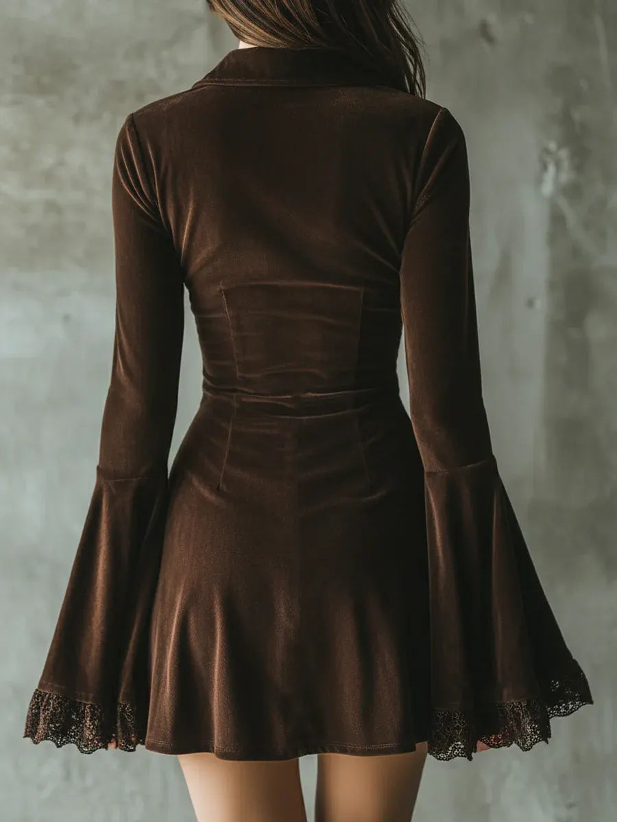 Dark Brown Velvet Button-down Lace Bell Sleeve Pleated Mini Dress
