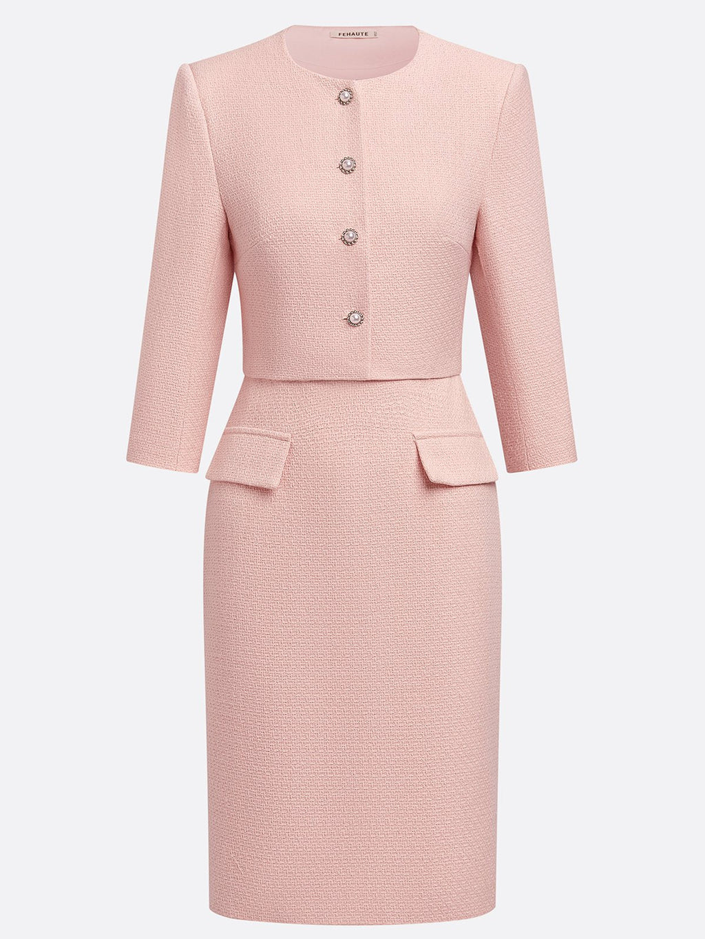Women Tweed Pink Buckle Crew Neck Half Sleeve Dressy Coat With Dress Two-Piece Dress