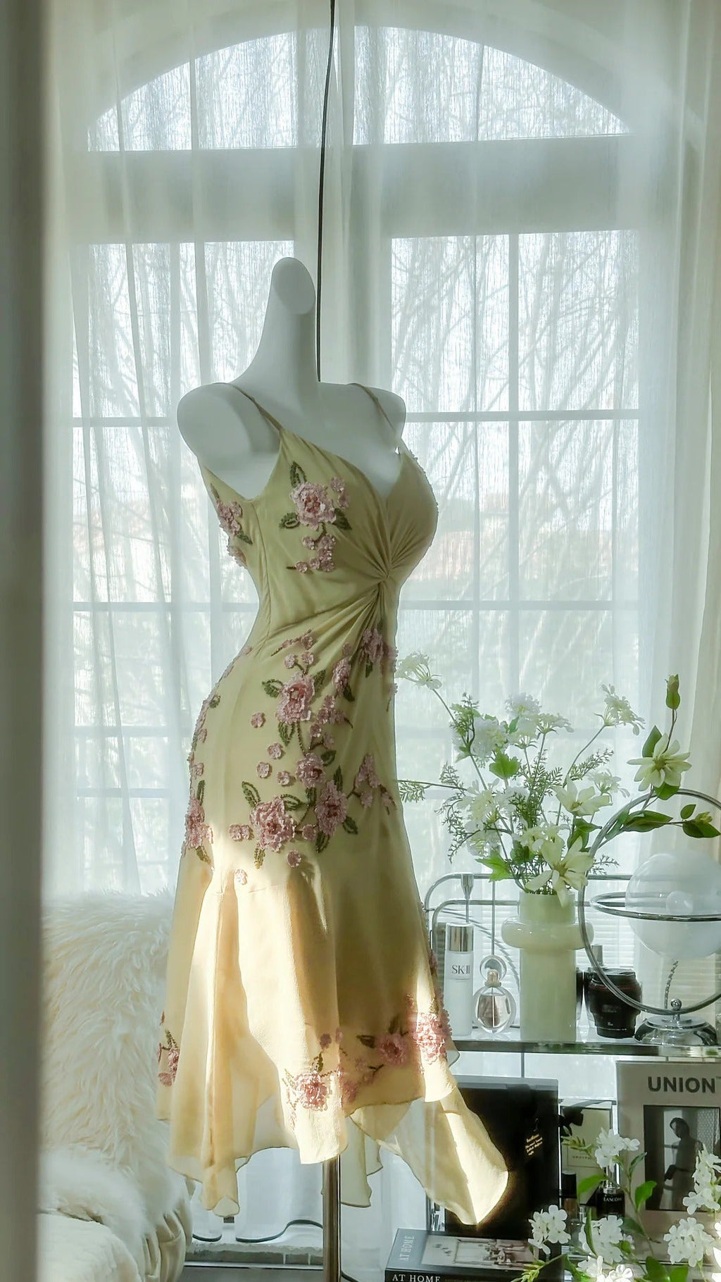 Yellow Elegant Romantic Delicate Pink Floral Beading Spaetti Straps Midi/Short Chiffon Homecoming Ball Gown Evening Dress Birthday/Wedding Guest/Holiday Party Dress Prom Dress 4023