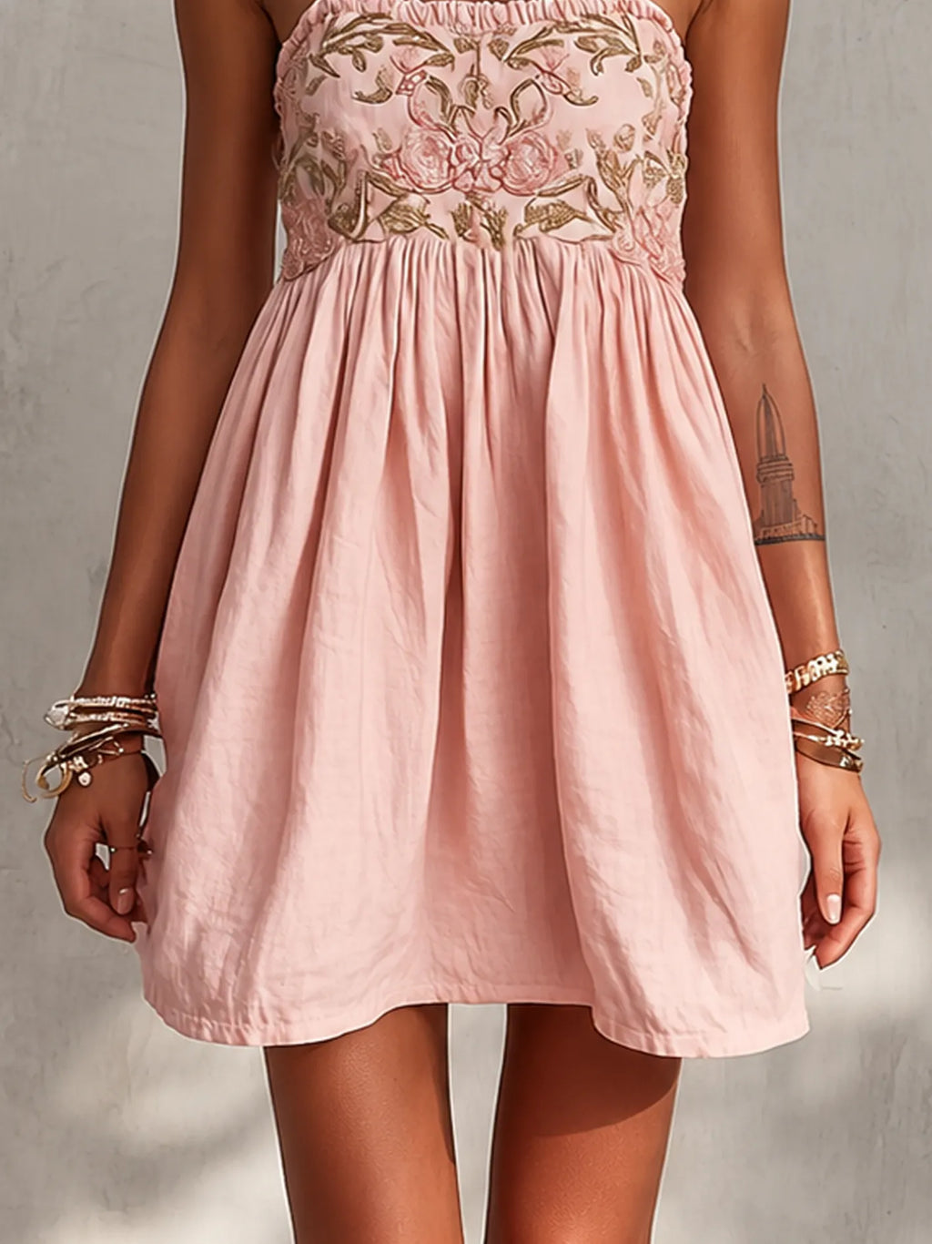Pink Vintage Embroidered Linen Cotton Mini Cami Dress