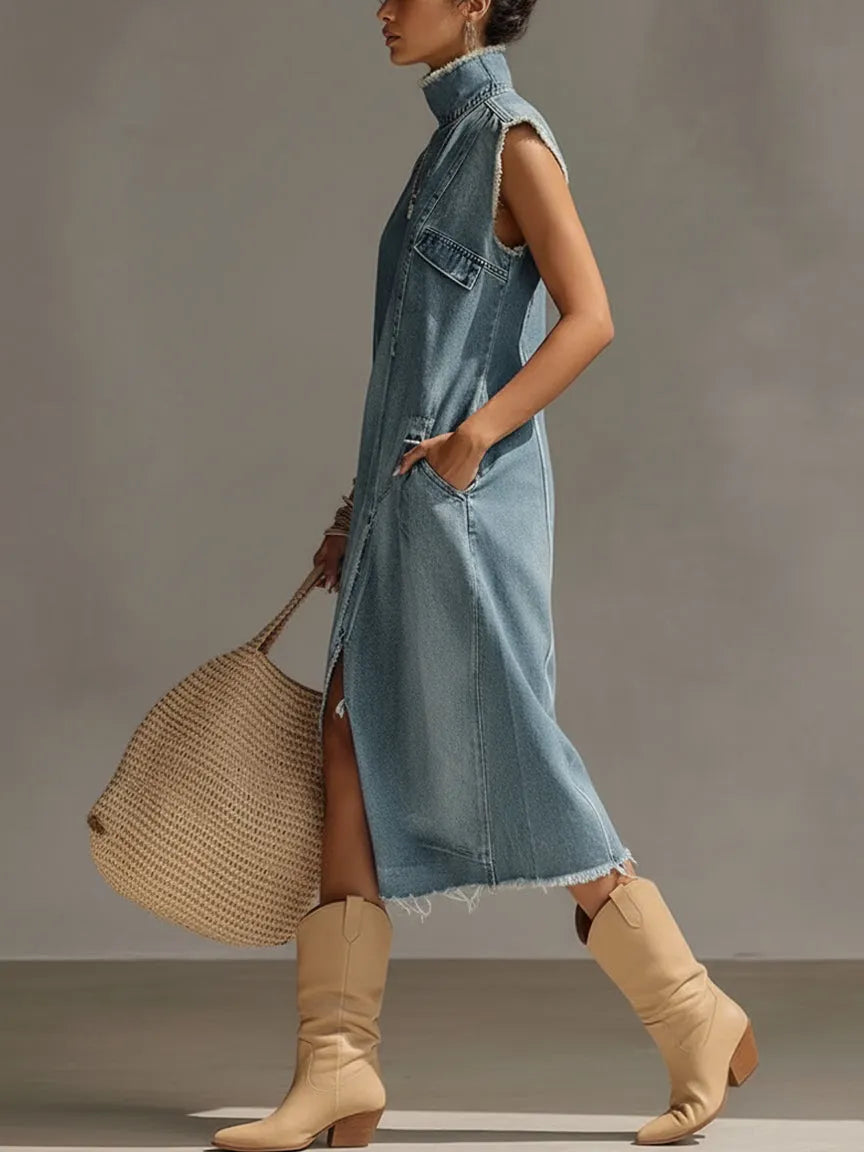 Blue Washed Denim Sleeveless High Neck Frayed Dress