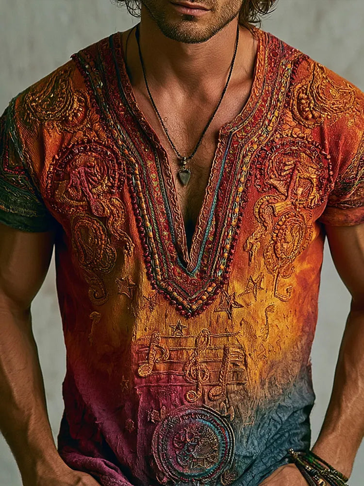 Men’s Boho Ombre Gradient Beaded Embroidery V-neck Tee, Retro Psychedelic Star & Musical Print Casual Tshirt