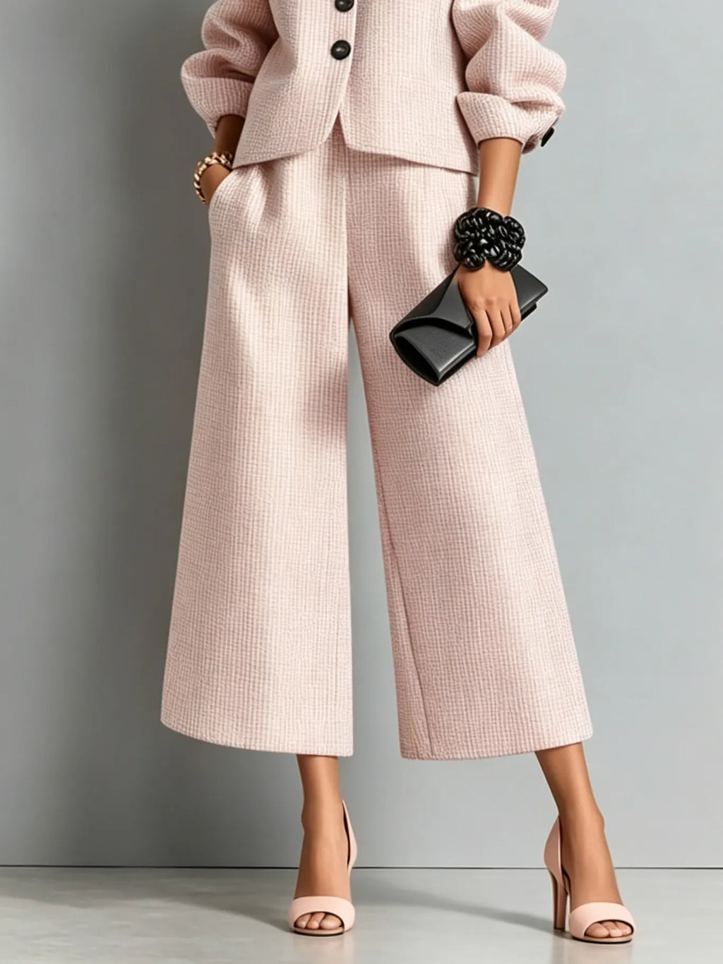 Round Neck Puff Sleeve Cropped Jacket & High Waist Wide Leg Cropped Pants Pink Tweed Two‑Piece Set Outfit