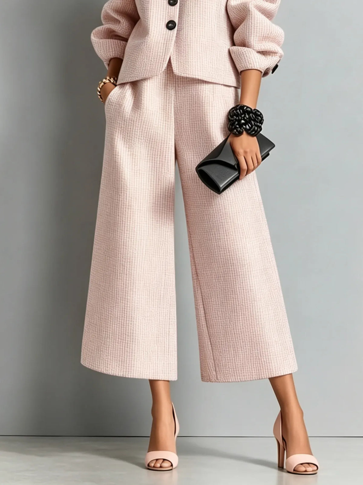 Round Neck Puff Sleeve Cropped Jacket & High Waist Wide Leg Cropped Pants Pink Tweed Two‑Piece Set Outfit