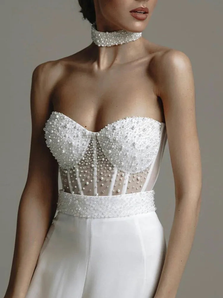 Bandeau Beaded Backless Empire Wide Leg Wedding Jumpsuits