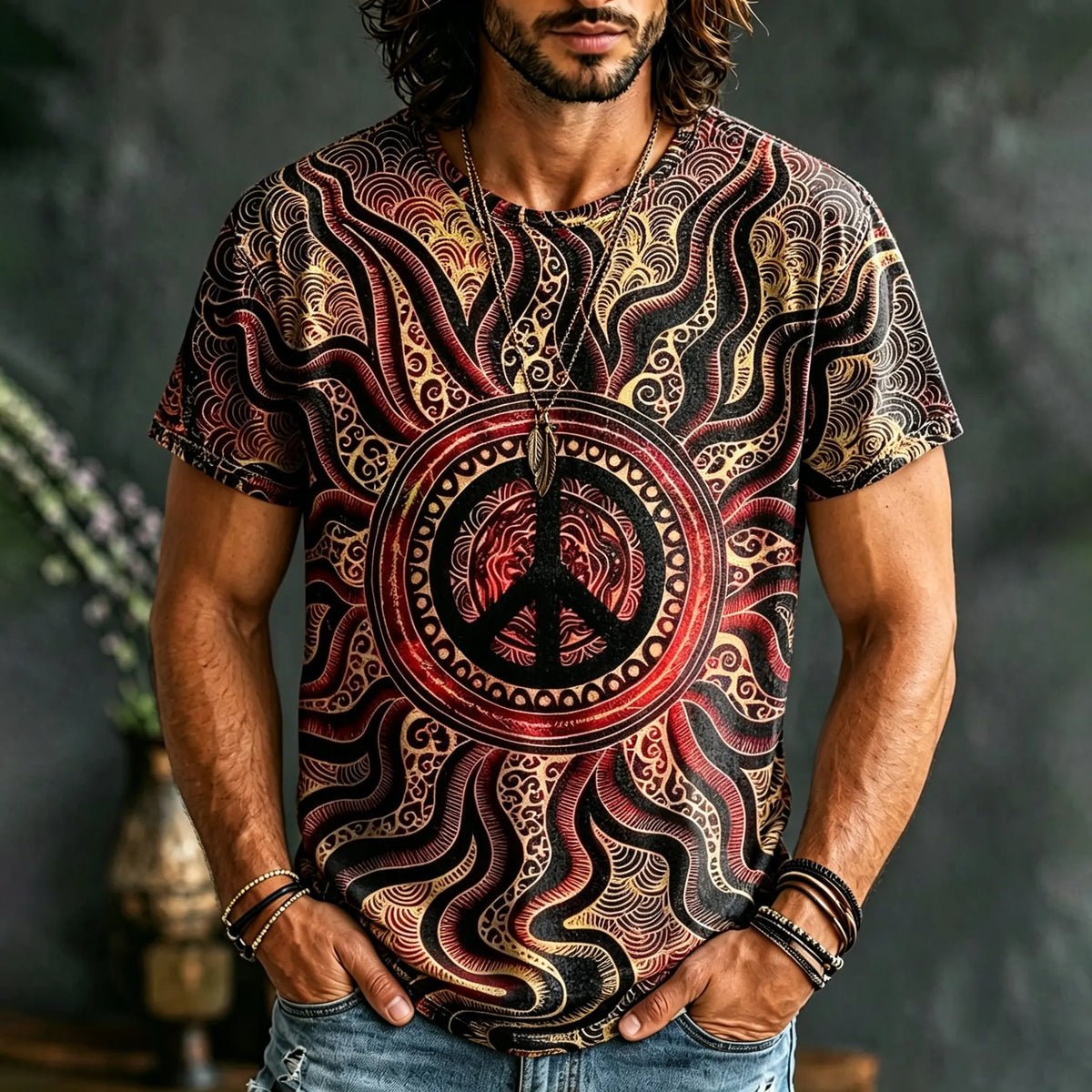 Men's Hippie Retro Tie-dye Peace Print T-shirt
