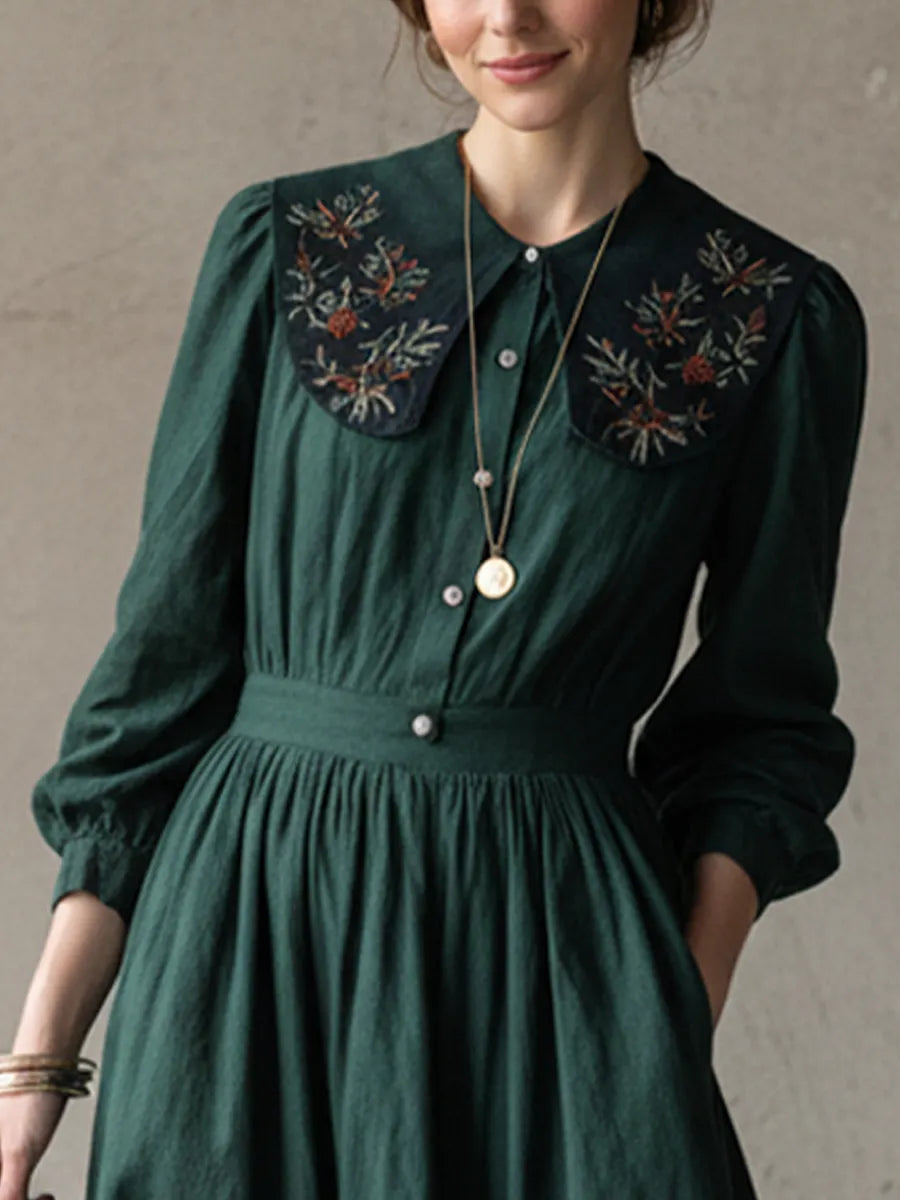 Women’s Retro Dark Green Cotton Linen Embroidered Collar Fitted Waist Long Dress MDZ1737D0GMJ
