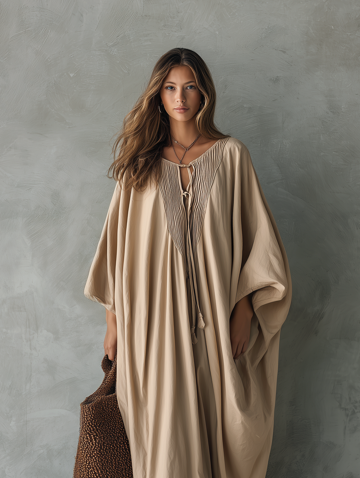 Women's Casual Khaki Woven V-Neck Batwing-Sleeve Maxi Dress MDZ2446G5LXY