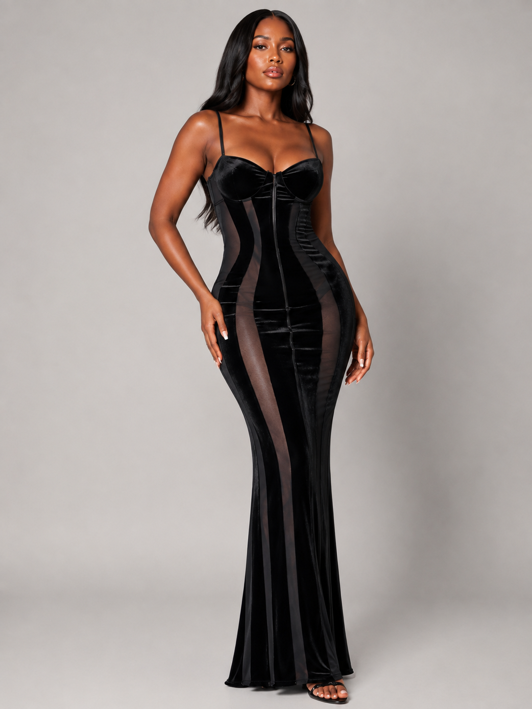 Midnight Sculpt Sheer Panel Corset Maxi Dress
