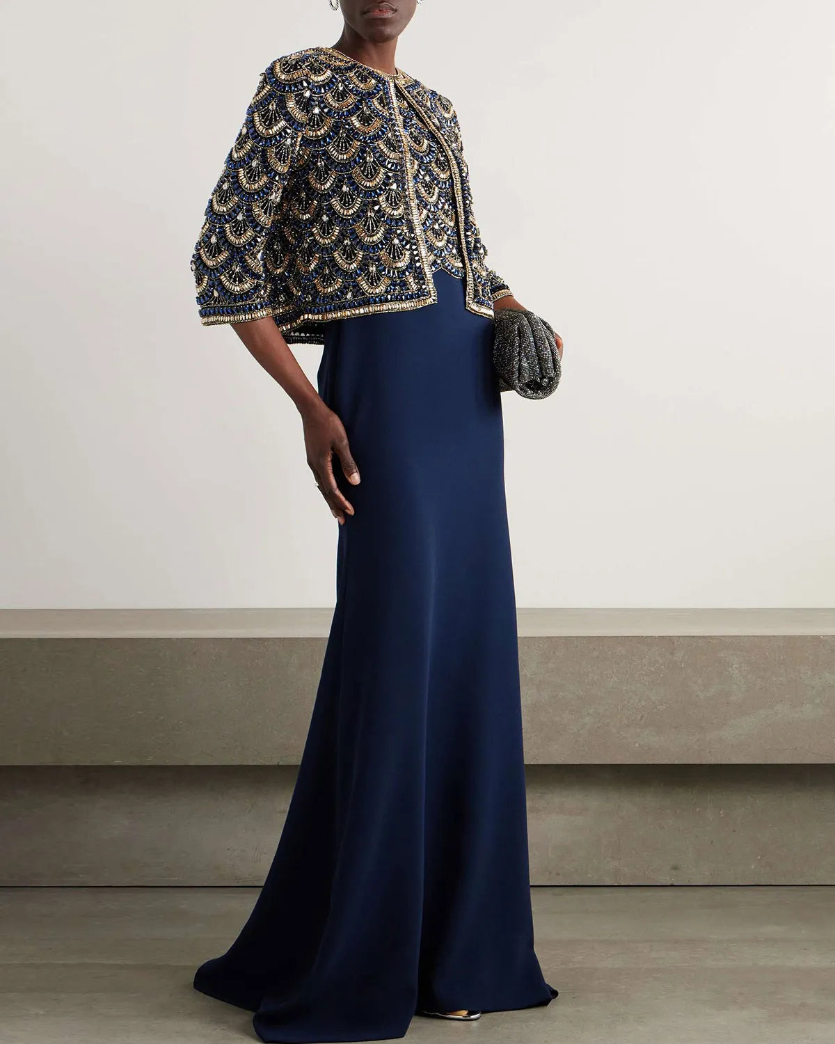 Crystal-Embellished Tulle Jacket and Crepe Gown Two-Piece Set