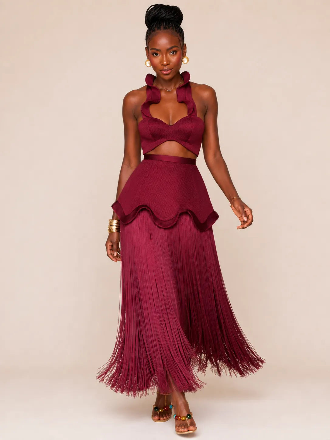Burgundy Ruffle Halter Crop Top & Fringe Maxi Skirt Two-Piece Set