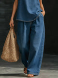 Loose Wide Leg Pockets Solid Color Jean Pants Bottoms