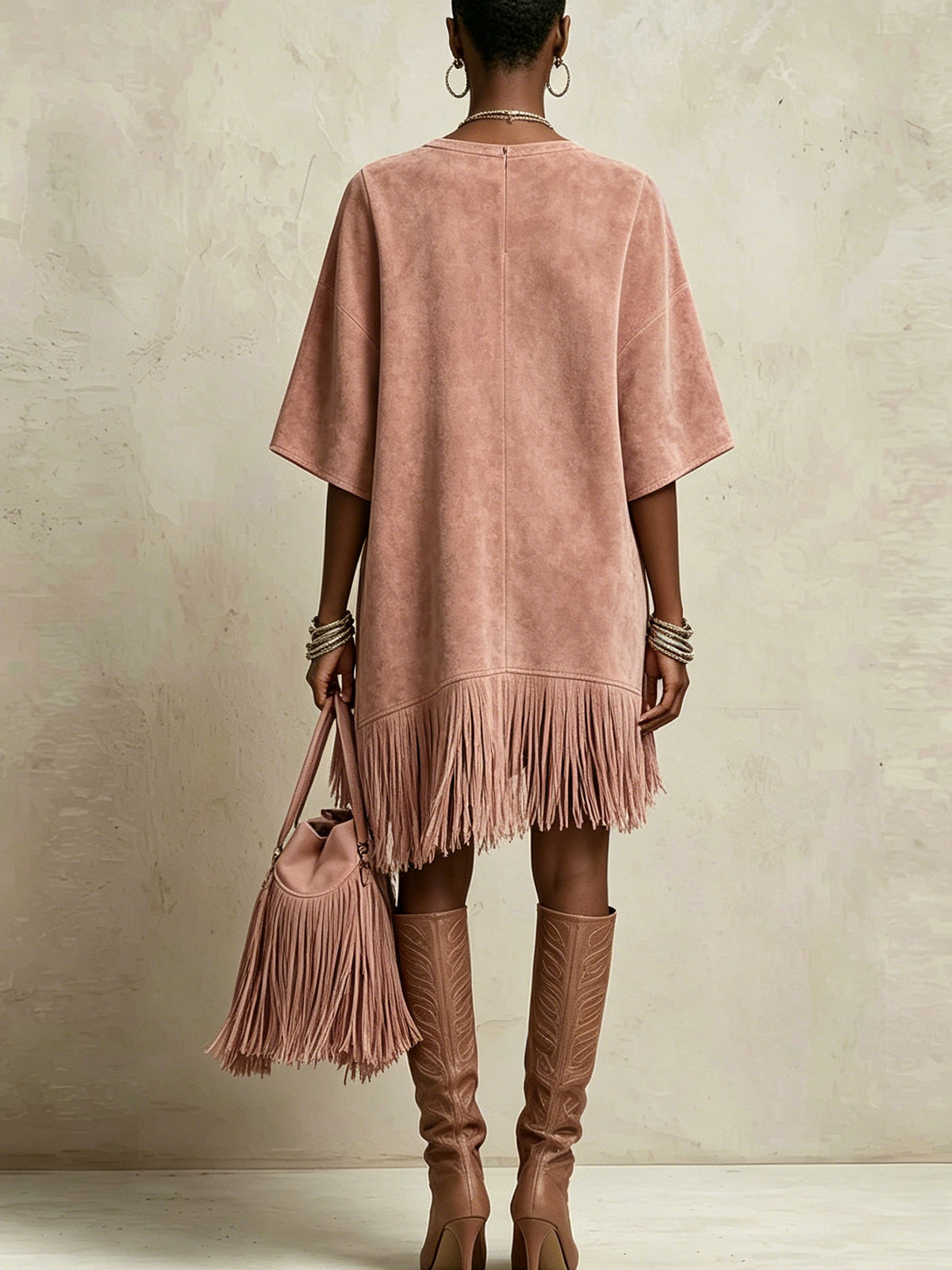 Pink Faux Suede Mini Dress With Fringe Hem And Oversized Sleeves