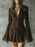 Dark Brown Velvet Button-down Lace Bell Sleeve Pleated Mini Dress